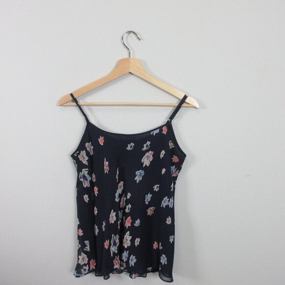 Club Monaco Silk Tank Camisole Womens Blouse S Navy Blue Floral Straps Casual 82 - Picture 2 of 9